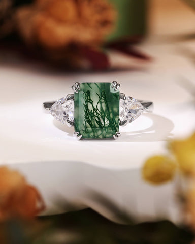 MAUDIE Natural Green Moss Agate Emerald Cut Engagement Ring with Moissanite Sidestones