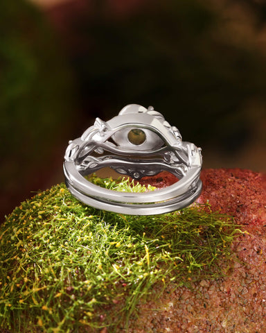 NIPOT Rose Blossom Moss Agate Leafy Engagement Ring Set