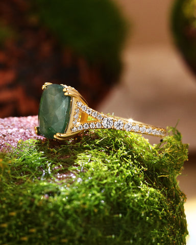 FERNANDA Cushion Cut Moss Agate Split Shank Engagement Ring