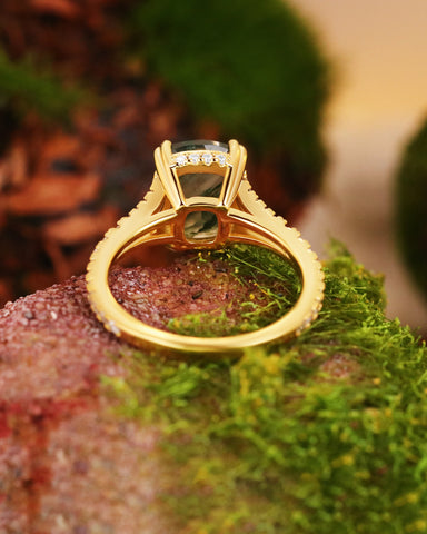 FERNANDA Cushion Cut Moss Agate Split Shank Engagement Ring