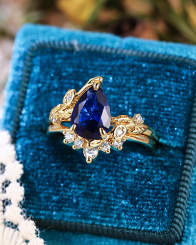 HELENE Secret Garden Pear Cut Sapphire Cluster Bridal Set 2pcs