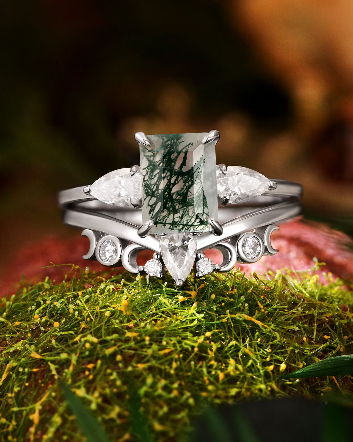 GRACE Emerald Cut Moss Agate and Moissanite Engagement Ring Set