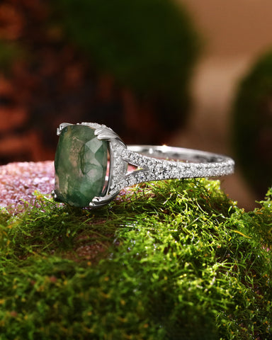 FERNANDA Cushion Cut Moss Agate Split Shank Engagement Ring