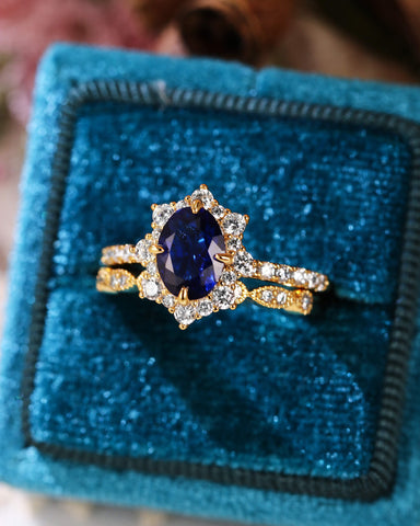 NEOMA Vintage Halo Oval Shaped Sapphire Bridal Set 2pcs