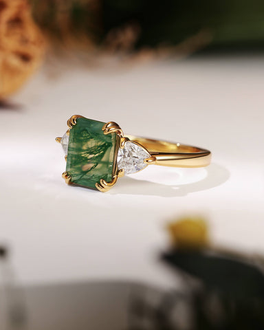 MAUDIE Natural Green Moss Agate Emerald Cut Engagement Ring with Moissanite Sidestones