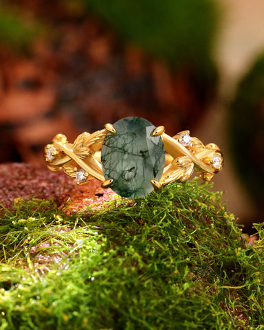JUNIPER Oval Cut Moss Agate Nature Inspired Engagement Ring