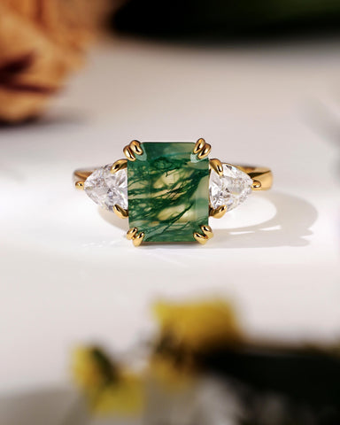 MAUDIE Natural Green Moss Agate Emerald Cut Engagement Ring with Moissanite Sidestones