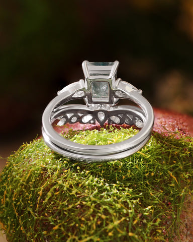GRACE Emerald Cut Moss Agate and Moissanite Engagement Ring Set