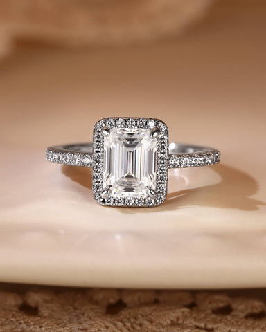 SANA Classic Halo Emerald Cut Moissanite Pave Engagement Ring