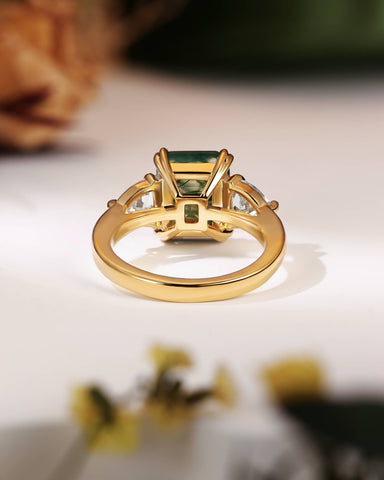 MAUDIE Natural Green Moss Agate Emerald Cut Engagement Ring with Moissanite Sidestones