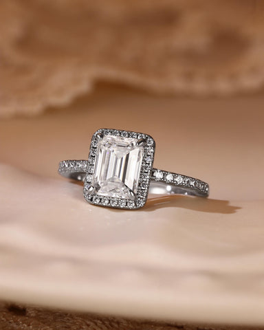 SANA Classic Halo Emerald Cut Moissanite Pave Engagement Ring