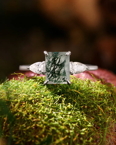 CHLOE Emerald Cut Moss Agate Engagement Ring Three Stones Ring
