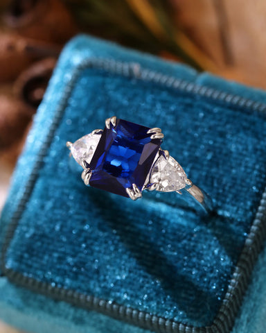 ZOE Three Stone Emerald Cut Sapphire Engagement Ring