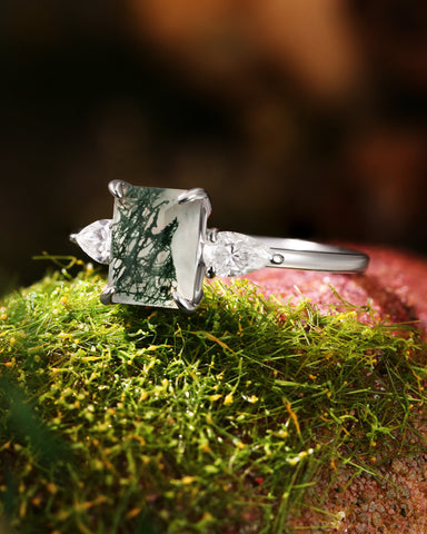 CHLOE Emerald Cut Moss Agate Engagement Ring Three Stones Ring