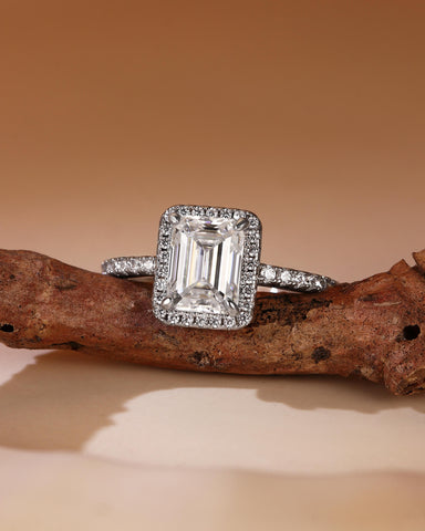 SANA Classic Halo Emerald Cut Moissanite Pave Engagement Ring