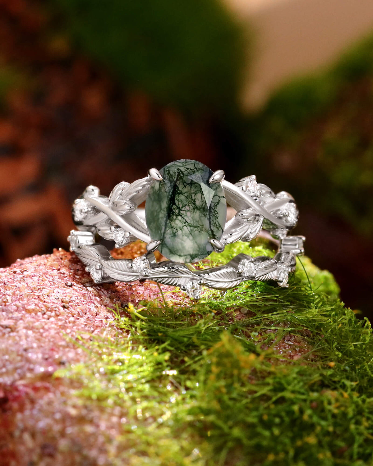 IVYANA Oval Cut Moss Agate Ring Set Nature Inspired Leaf Bridal Ring Set