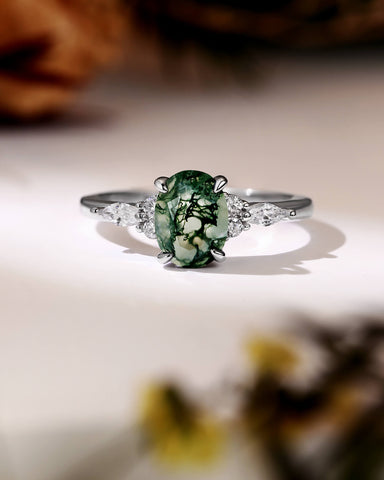 VERN Gorgeous Cluster Oval Moss Agate Engagement Ring
