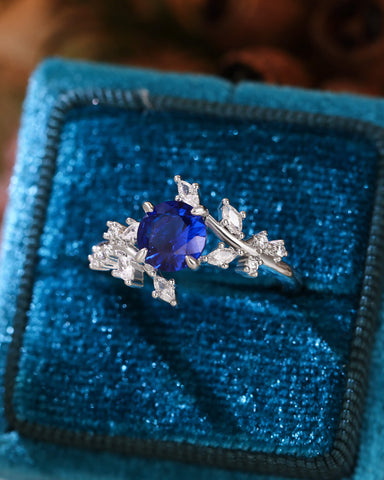 SYLVAINE Nature Inspired Round Cut Sapphire Bypass Leafy Engagement Ring