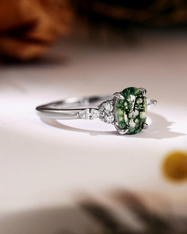 VERN Gorgeous Cluster Oval Moss Agate Engagement Ring