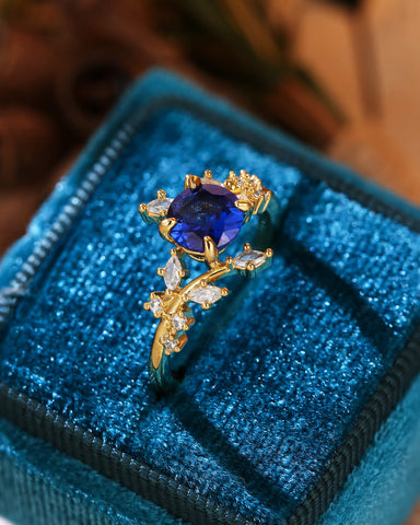 SYLVAINE Nature Inspired Round Cut Sapphire Bypass Leafy Engagement Ring