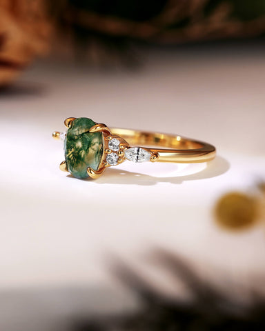 VERN Gorgeous Cluster Oval Moss Agate Engagement Ring