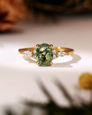 VERN Gorgeous Cluster Oval Moss Agate Engagement Ring