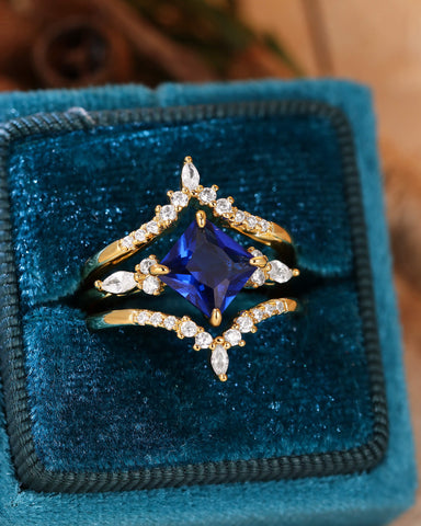 CECELIA Blue Sapphire Princess Cut Cluster Bridal Set 3pcs