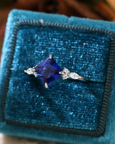 CECELIA Blue Sapphire Princess Cut Cluster Engagement Ring