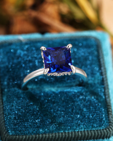 BELINDA Floral Basket Princess Cut Sapphire Solitaire Engagement Ring