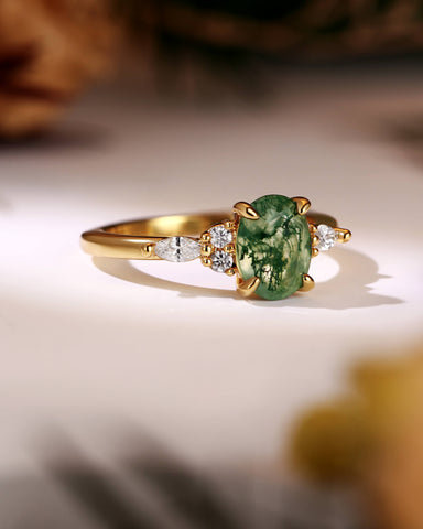 VERN Gorgeous Cluster Oval Moss Agate Engagement Ring