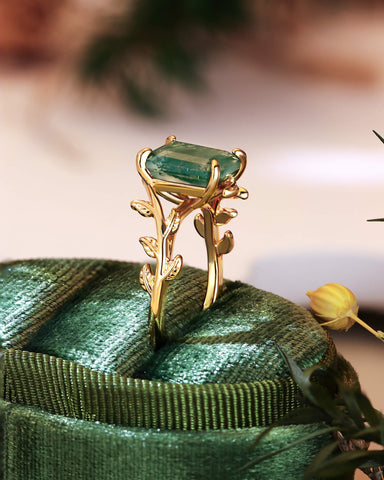 FENNA Emerald Cut Moss Agate Leafy Engagement Ring
