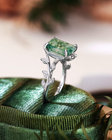 FENNA Emerald Cut Moss Agate Leafy Engagement Ring