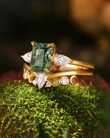 GRACE Emerald Cut Moss Agate and Moissanite Engagement Ring Set