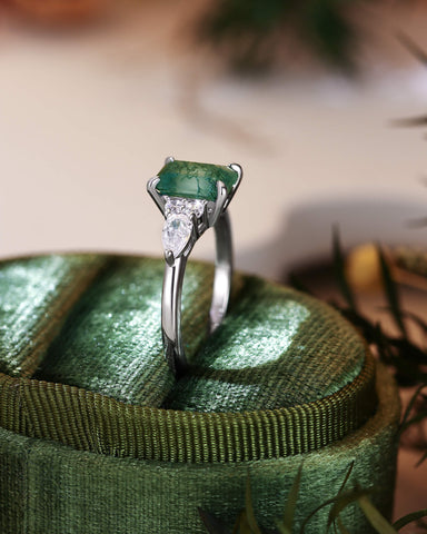 SULLY Emerald Cut Moss Agate and Moissanite Cluster Engagement Ring