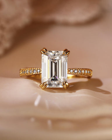 SABRIA Emerald Cut Moissanite Double Claw Engagement Ring