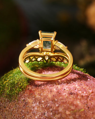 GRACE Emerald Cut Moss Agate and Moissanite Engagement Ring Set
