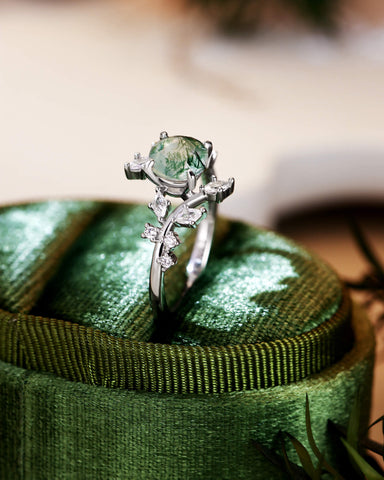 KNIGHT Round Moss Agate Leaf Engagement Ring