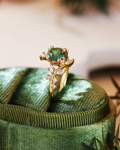 KNIGHT Round Moss Agate Leaf Engagement Ring