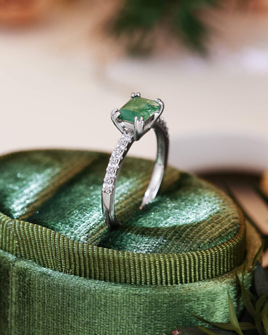 OLIA East West Emerald Cut Moss Agate Pave Moissanite Engagement Ring