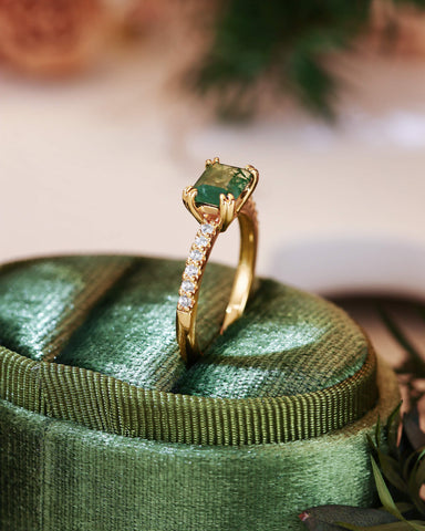 OLIA East West Emerald Cut Moss Agate Pave Moissanite Engagement Ring