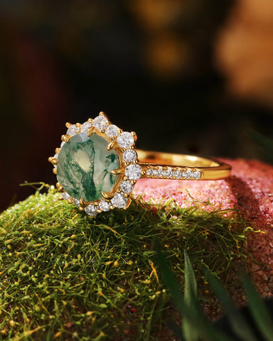 AENYA Round Moss Agate Floral Halo Engagement Ring