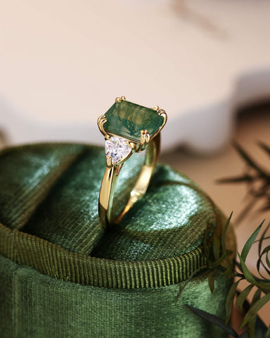 MAUDIE Natural Green Moss Agate Emerald Cut Engagement Ring with Moissanite Sidestones