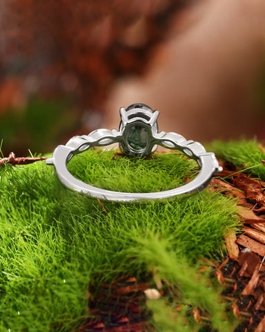 EDEN Oval Dainty Moss Agate Nature Inspired Engagement Ring