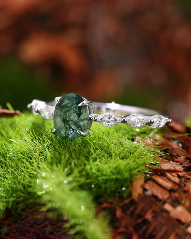 EDEN Oval Dainty Moss Agate Nature Inspired Engagement Ring