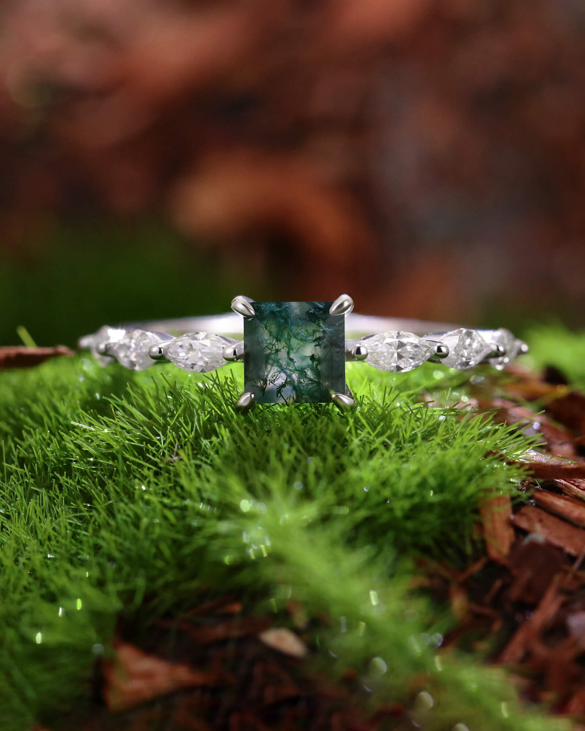 ELOWEN Square Shaped Moss Agate Promise Ring Nature Inspired Engagement Ring