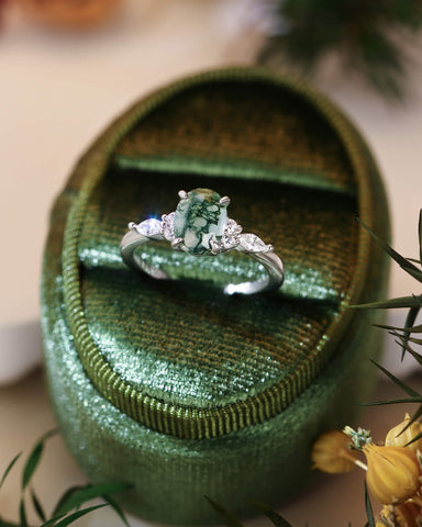 VERN Gorgeous Cluster Oval Moss Agate Engagement Ring