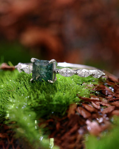 ELOWEN Square Shaped Moss Agate Promise Ring Nature Inspired Engagement Ring
