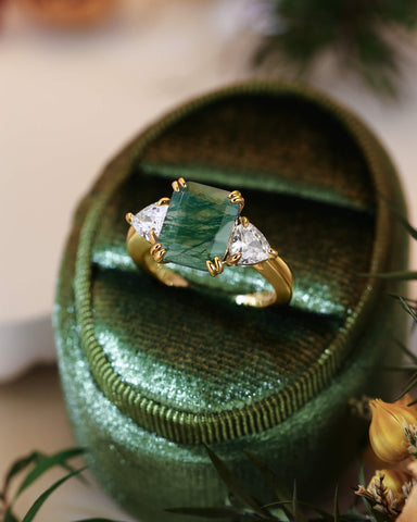 MAUDIE Natural Green Moss Agate Emerald Cut Engagement Ring with Moissanite Sidestones