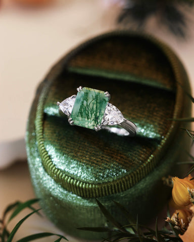 MAUDIE Natural Green Moss Agate Emerald Cut Engagement Ring with Moissanite Sidestones