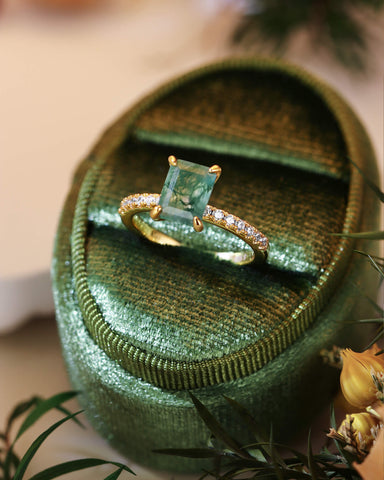 RAYA Emerald Cut Natural Moss Agate Solitaire Engagement Ring